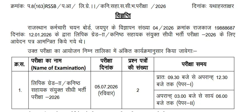Rajasthan LDC Exam Date & Time 2026
